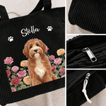 Personalised Watercolor Style Pet Photo Birth Flower Large Capacity Corduroy Tote Bag with Name Travel Essential Birthday Gift for Family Pet Lover
