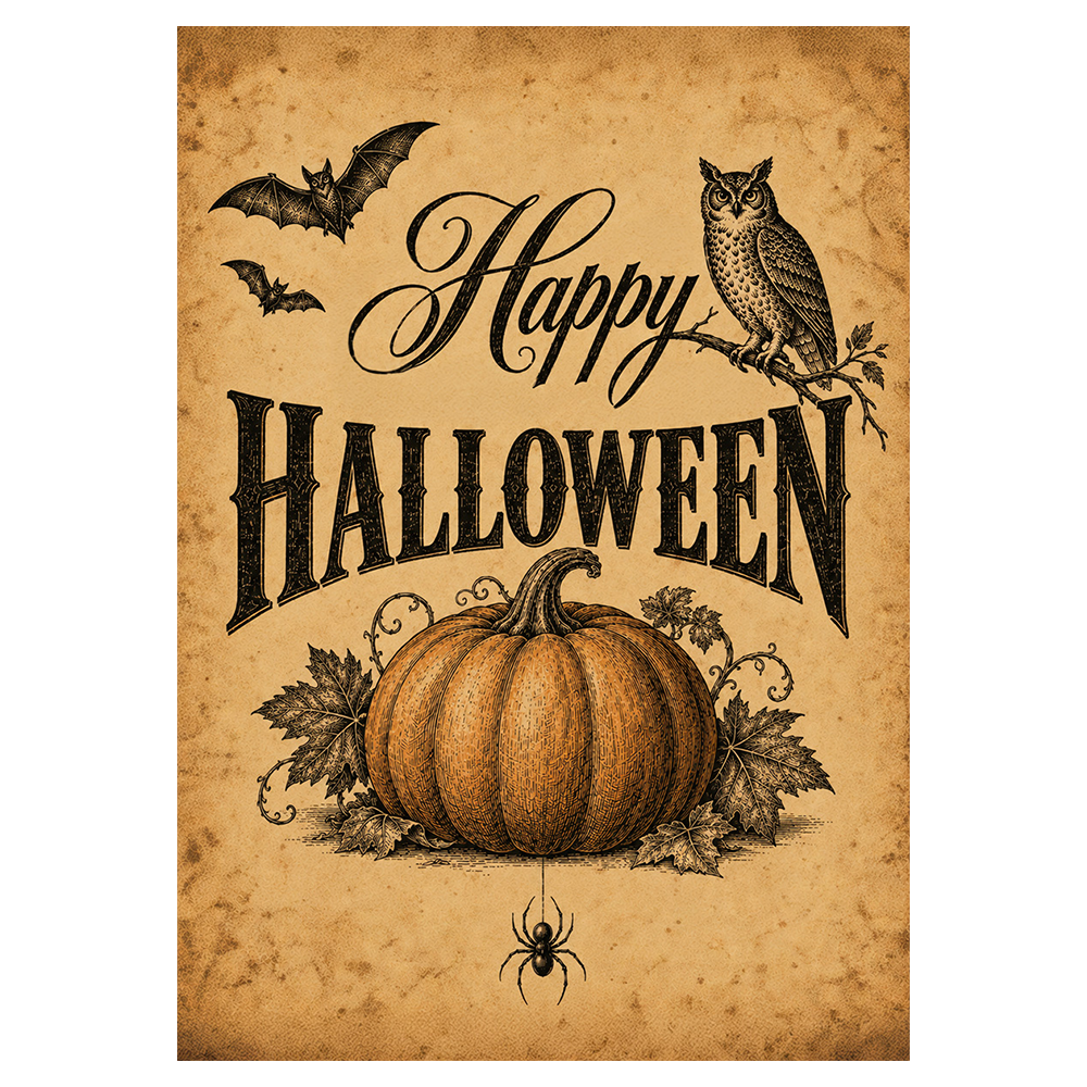 Vintage Owl Bats And Pumpkin Halloween Ecard