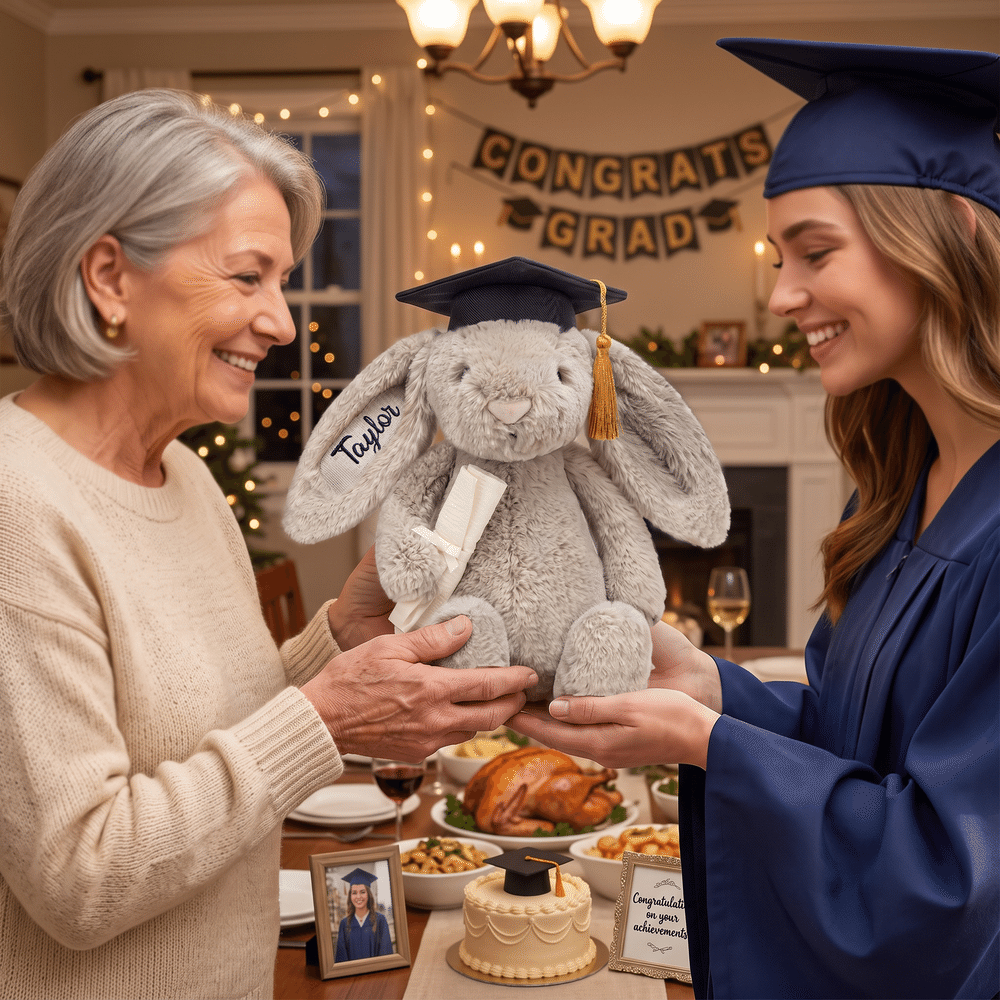 Juguete de peluche en forma de conejo con nombre bordado, con un bonito diseño de birrete de graduación, ideal como regalo para la fiesta de graduación de los recién graduados 7