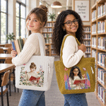 Personalised Birth Flower Reading Cartoon Character Large Capacity Corduroy Tote Bag with Name Travel Essential Birthday Gift for Book Lover