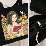 Personalised Birth Flower Reading Cartoon Character Large Capacity Corduroy Tote Bag with Name Travel Essential Birthday Gift for Book Lover