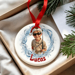 Décoration de Noël personnalisée : couronne de Noël, photo, cœur, boule ronde en céramique avec inscription, décoration d'arbre de Noël, cadeau de Noël pour la famille et les amoureux des animaux