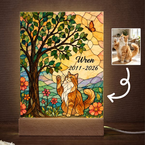 Personalized Stained Glass Style Pet Photo Clear Acrylic LED Night Light with Name and Year Pet Memorial Birthday Anniversary Gift for Pet Owners