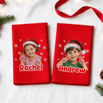 Personalized Oil Painting Style Photo 100% Cotton Red Reusable Napkin with Name Table Decor Christmas Gift for Family Kids