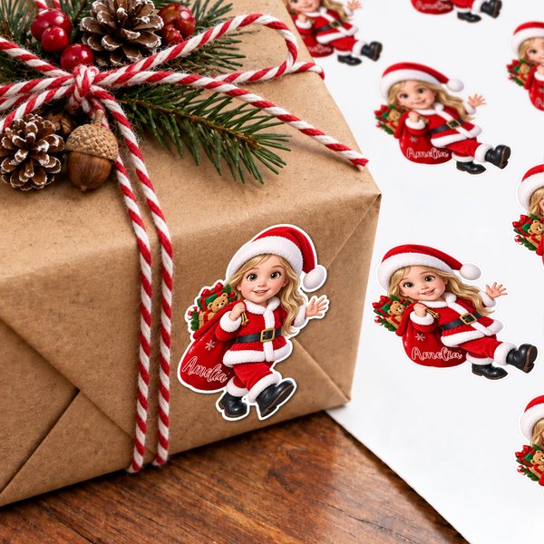 Personalized 3D-Effect Artwork Cartoon Santa Character Photo Stickers with Name Christmas Gift for Family Kids