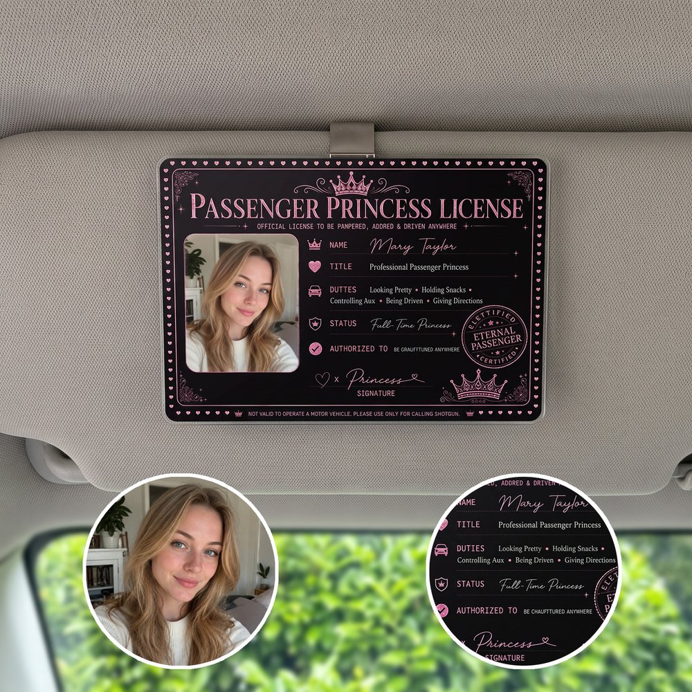Personlig, söt prinsessklämma till solskyddet i bilen med foto och namn – bildekoration till bilen, present till födelsedag, alla hjärtans dag eller årsdag till flickvän eller fru 3