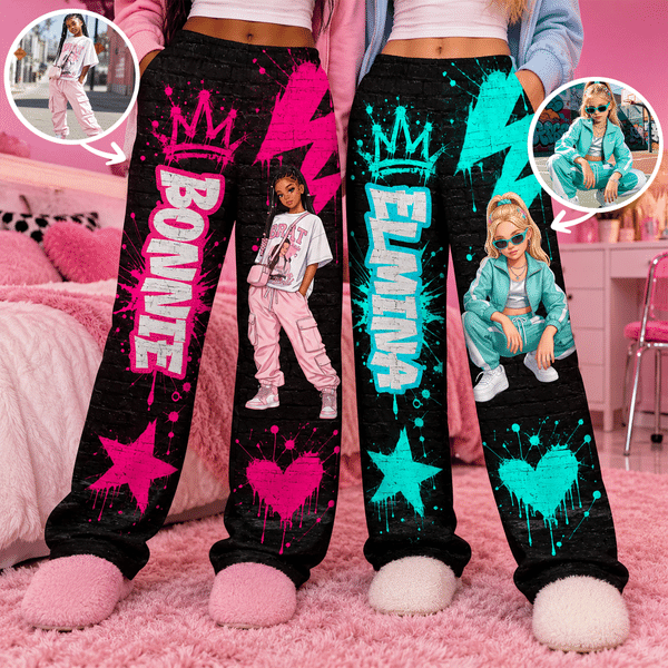 Personalized 3D-Effect Artwork Trendy Graffiti Cartoon Character Photo Soft Pajama Pants with Name Daily Wear Christmas Holiday Gift for Family Kids