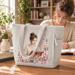 Personalised Birth Flower Reading Cartoon Character Large Capacity Corduroy Tote Bag with Name Travel Essential Birthday Gift for Book Lover