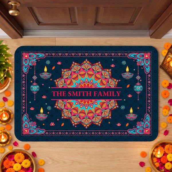 Personalized Indian Festival Religious Mandala Lotus Diya Non-Slip Doormat with Name Home Decor Diwali Deepavali Gift for Family Friends