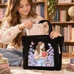 Personalised Birth Flower Reading Cartoon Character Large Capacity Corduroy Tote Bag with Name Travel Essential Birthday Gift for Book Lover