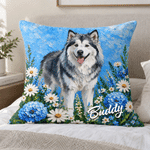 Housse de coussin décorative personnalisée, style peinture à l'huile, représentant un animal de compagnie et un motif floral, avec prénom – Décoration d'intérieur, cadeau d'anniversaire pour les propriétaires d'animaux et les amoureux des animaux