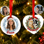 Décoration de Noël personnalisée : couronne de Noël, photo, cœur, boule ronde en céramique avec inscription, décoration d'arbre de Noël, cadeau de Noël pour la famille et les amoureux des animaux