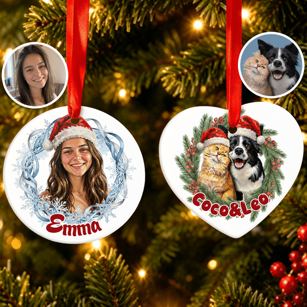 Décoration de Noël personnalisée : couronne de Noël, photo, cœur, boule ronde en céramique avec inscription, décoration d'arbre de Noël, cadeau de Noël pour la famille et les amoureux des animaux
