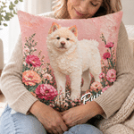 Housse de coussin décorative personnalisée, style peinture à l'huile, représentant un animal de compagnie et un motif floral, avec prénom – Décoration d'intérieur, cadeau d'anniversaire pour les propriétaires d'animaux et les amoureux des animaux