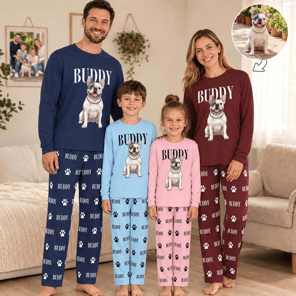 Personligt pyjamas-set med långa ärmar i amerikansk serieteckningsstil med porträtt av husdjuret och namn – vardagskläder, födelsedags- och julklapp för husdjursälskare