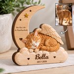 Personalisierter Holzaufsteller im Mondsichel-Design | mit Foto und Namen | 3D-Effekt Engelsflügel Deko | Trauer Geschenk für Tierliebhaber
