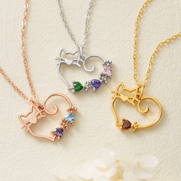 Personalised Heart Shaped Cat Sterling Silver Necklace with Birthstone Dainty Jewellery Daily Wear Cat Memorial Gift for Cat Owners Lovers