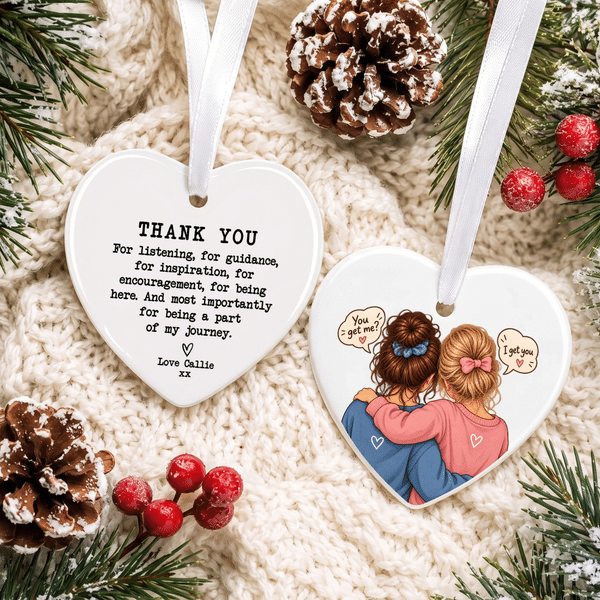 Décoration en céramique personnalisée, style aquarelle et bande dessinée, vue de dos, avec inscription et motif d'arbre : cadeau de Noël pour les meilleures amies et les femmes