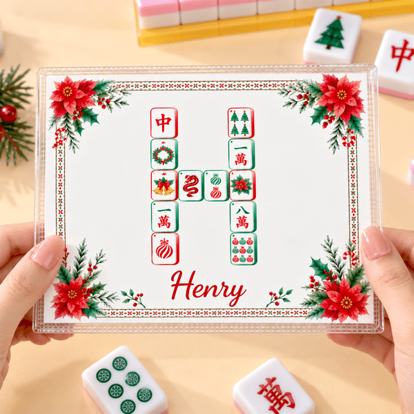Personalized Christmas Floral Holly Mahjong Themed Tri-Fold Card Cover Sticker Set with Name Christmas Holiday Gift for Mahjong Lovers