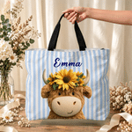 Personalised Cute Highland Cow Stripe Large Capacity Tote Bag with Name Daily Use Birthday Gift for Highland Cow Lovers Best Friends