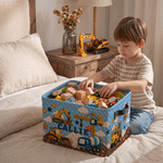 Personalised 3D-Effect Artwork Construction Lorries Patterns Large Capacity Storage Basket with Name and Handle Room Decor Birthday Gift for Kids