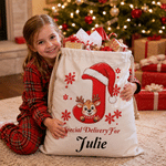 Personalised Christmas Reindeer Initial Large Capacity Canvas Drawstring Gift Bag with Name Christmas Gift for Boys Girls