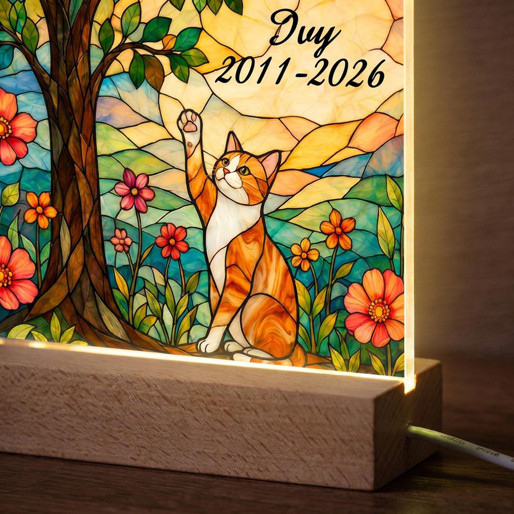 Spersonalizowana lampka nocna LED z przezroczystego akrylu w stylu witrażu ze zdjęciem zwierzaka, imieniem i rokiem – pamiątka po zwierzaku, prezent na urodziny lub rocznicę dla właścicieli zwierząt 2