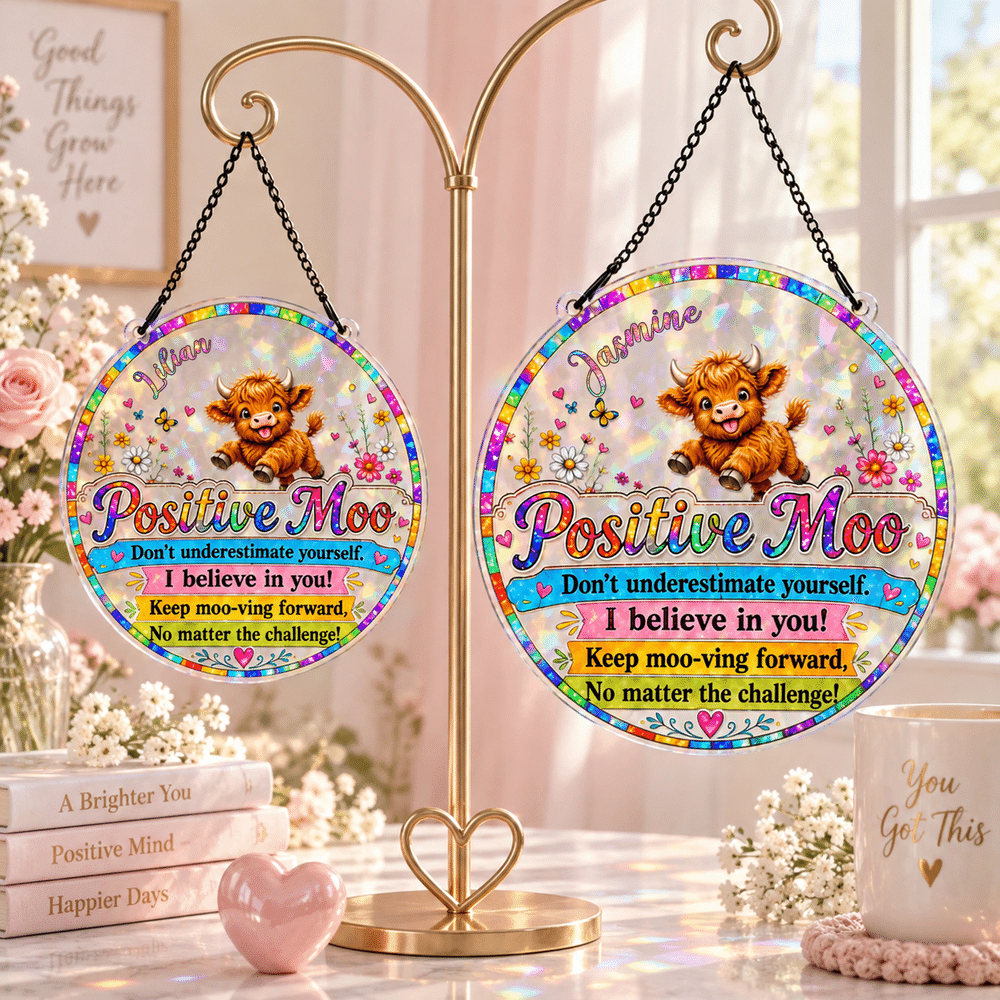 Personalized Colorful Highland Cow Positive Moo Floral Butterfly Sun Catcher with Name Birthday Housewarming Encouragement Gift for Women Friends 3