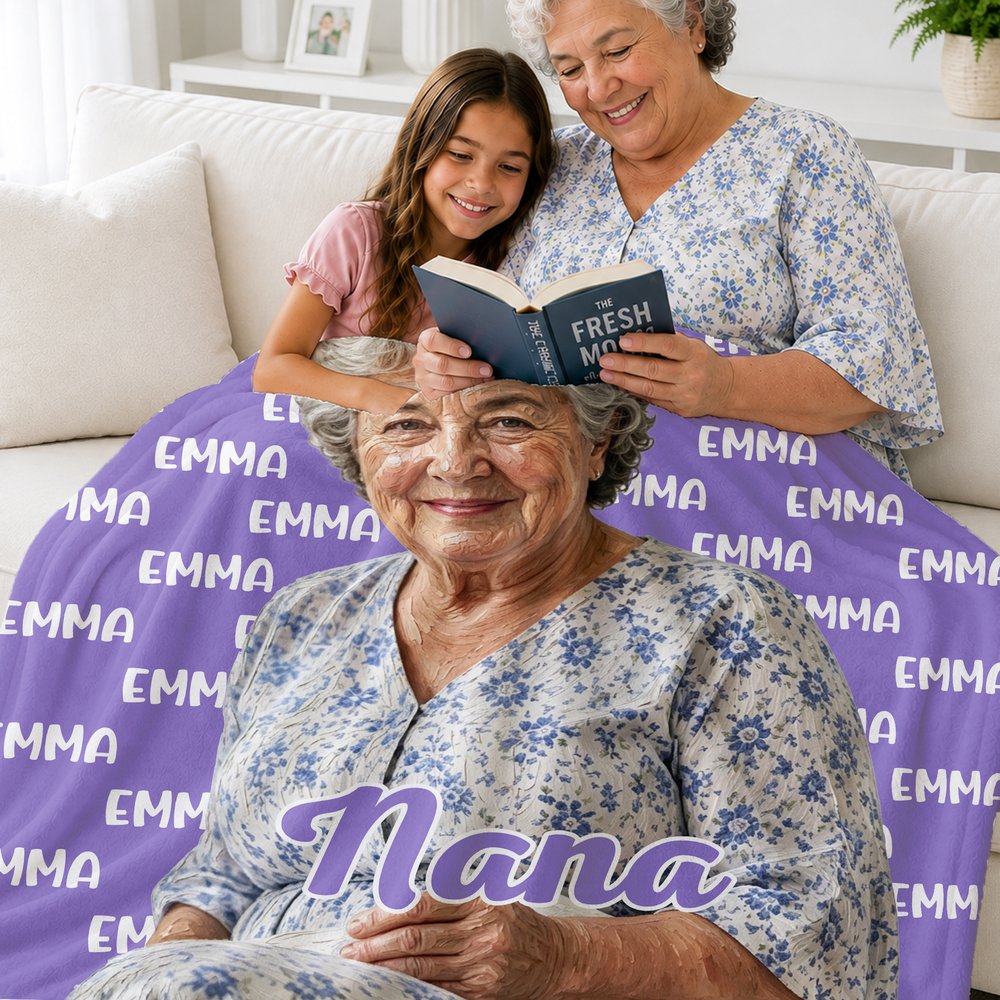 Personlig fototeppe i oljemaleri-stil med navn og kallenavn – interiør, bursdags- og julegave til bestemor, bestefar og familien 4