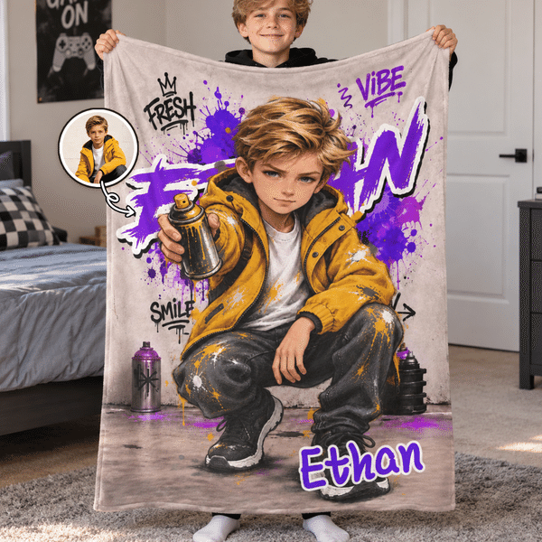 Personalized Graffiti Street Art Cartoon Character Photo Soft Blanket with Name Bedroom Decor Birthday Gift for Kids Teenagers