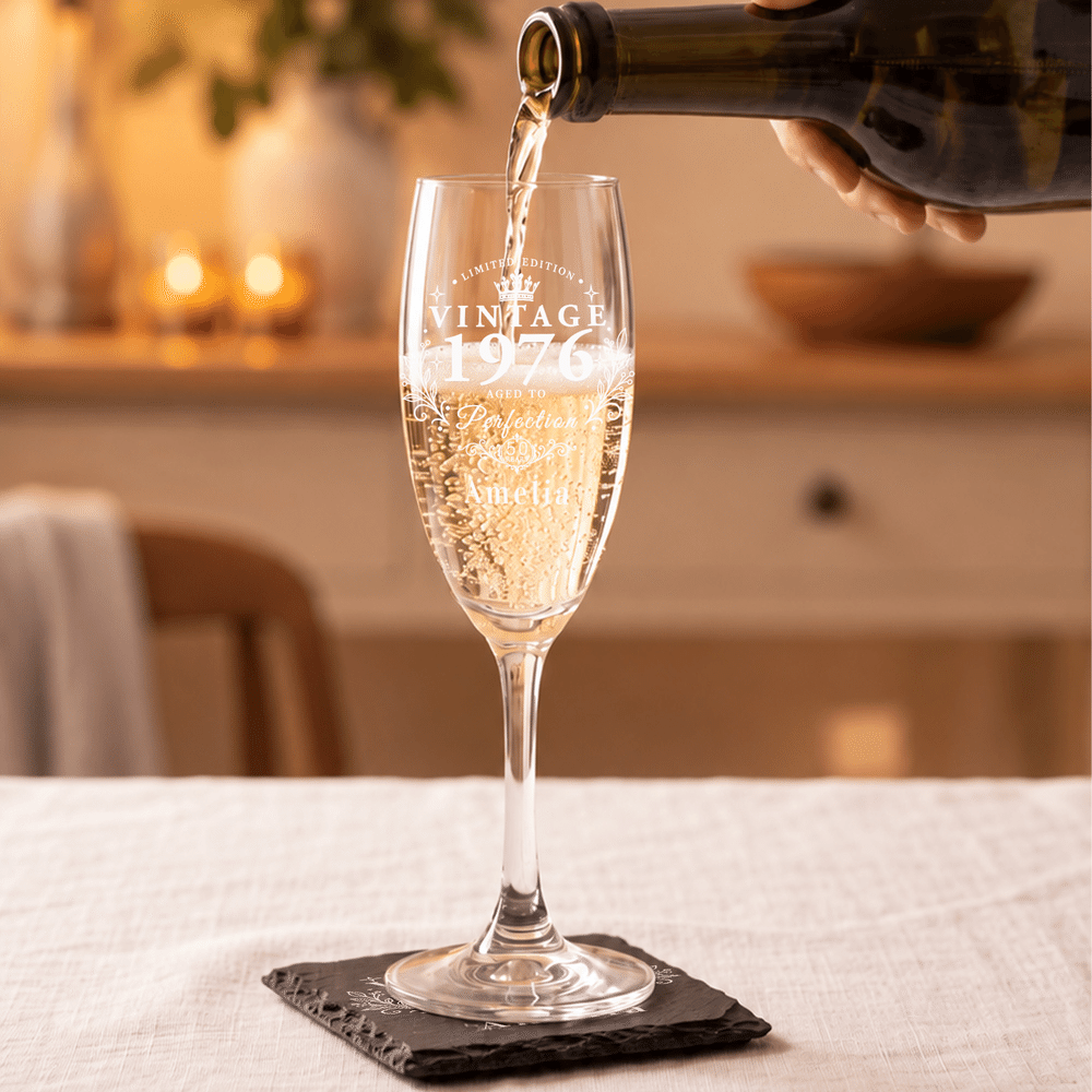 Personalized Vintage Year Champagne Glass with Name Age and Coaster Birthday Anniversary Christmas Gift for Woman Sister Mom Grandma 6