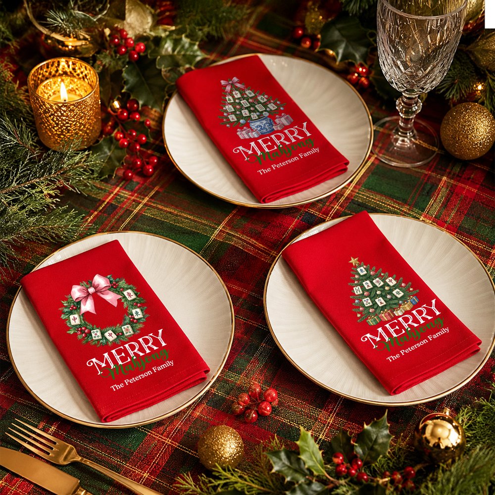 Personalized Christmas Mahjong Theme Reusable 100% Cotton Red Napkin with Text Table Decor Christmas Gift for Mahjong Lover 4