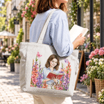 Personalised Birth Flower Reading Cartoon Character Large Capacity Corduroy Tote Bag with Name Travel Essential Birthday Gift for Book Lover
