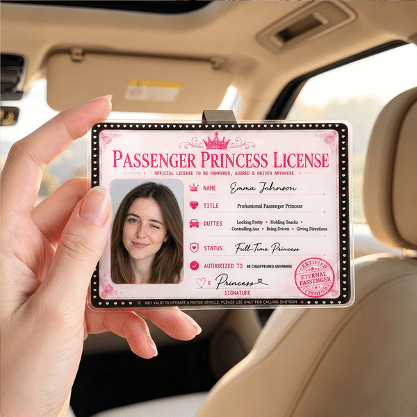 Personlig, söt prinsessklämma till solskyddet i bilen med foto och namn – bildekoration till bilen, present till födelsedag, alla hjärtans dag eller årsdag till flickvän eller fru