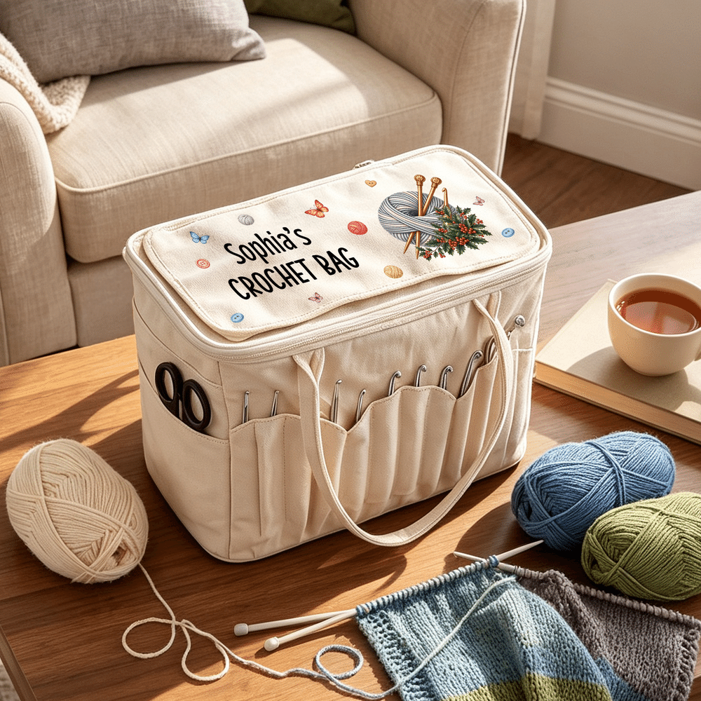Personalized Birth Flower Yarn Pattern Multifunctional Canvas Storage Bag with Name and Text Sewing Birthday Gift for Knitting Lover Mother 4