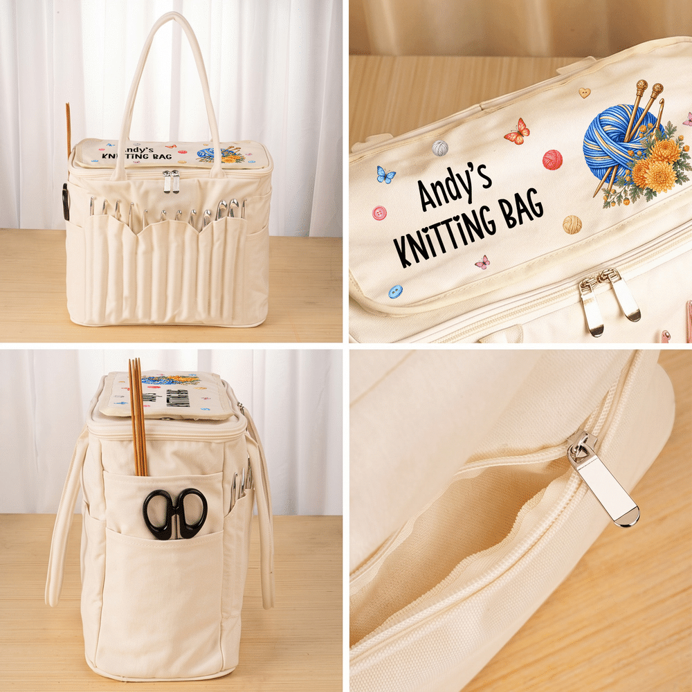 Personalized Birth Flower Yarn Pattern Multifunctional Canvas Storage Bag with Name and Text Sewing Birthday Gift for Knitting Lover Mother 8