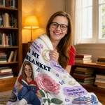 Personalized Birth Flower Reading Themed Photo Soft Throw Hooded Blanket with Name Book Club Birthday Christmas Gift for Bookworms Readers Friends