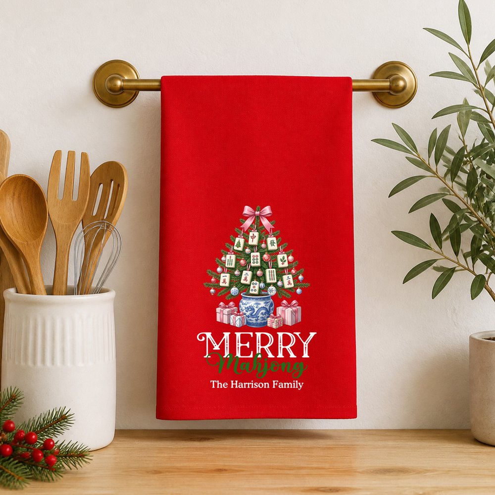 Personalized Christmas Mahjong Theme Reusable 100% Cotton Red Napkin with Text Table Decor Christmas Gift for Mahjong Lover 2
