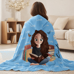 Personalised Birth Flower Reading Cartoon Character Soft Hooded Blanket with Name Birthday Gift for Book Lovers