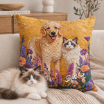 Housse de coussin décorative personnalisée, style peinture à l'huile, représentant un animal de compagnie et un motif floral, avec prénom – Décoration d'intérieur, cadeau d'anniversaire pour les propriétaires d'animaux et les amoureux des animaux