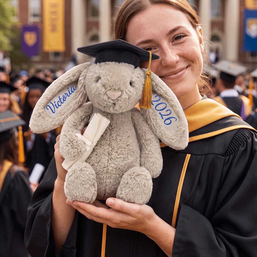 Juguete de peluche en forma de conejo con nombre bordado, con un bonito diseño de birrete de graduación, ideal como regalo para la fiesta de graduación de los recién graduados 3