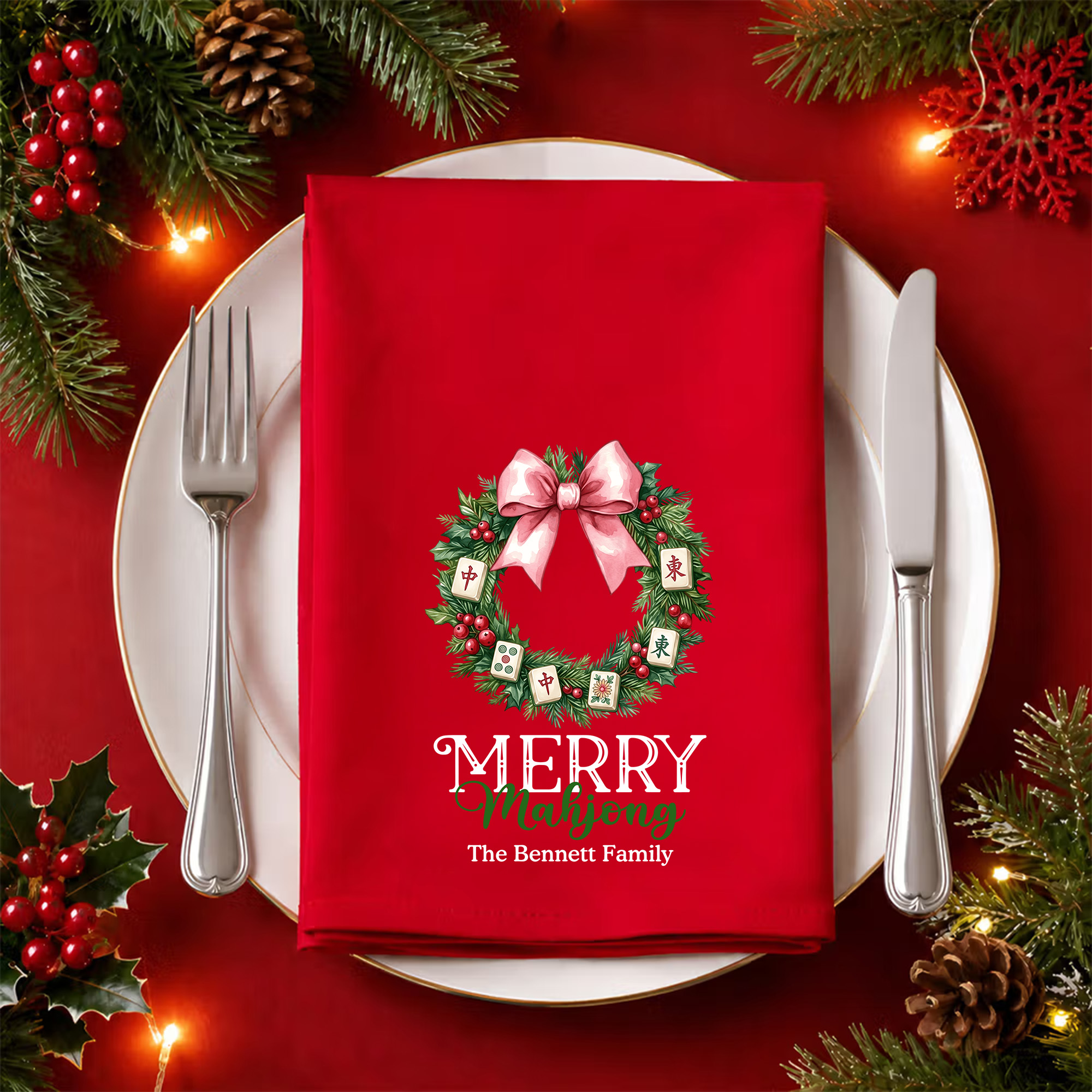 Individuell gestaltete, wiederverwendbare rote Serviette aus 100 % Baumwolle mit Weihnachts-Mahjong-Motiv und Schriftzug – Tischdekoration und Weihnachtsgeschenk für Mahjong-Fans