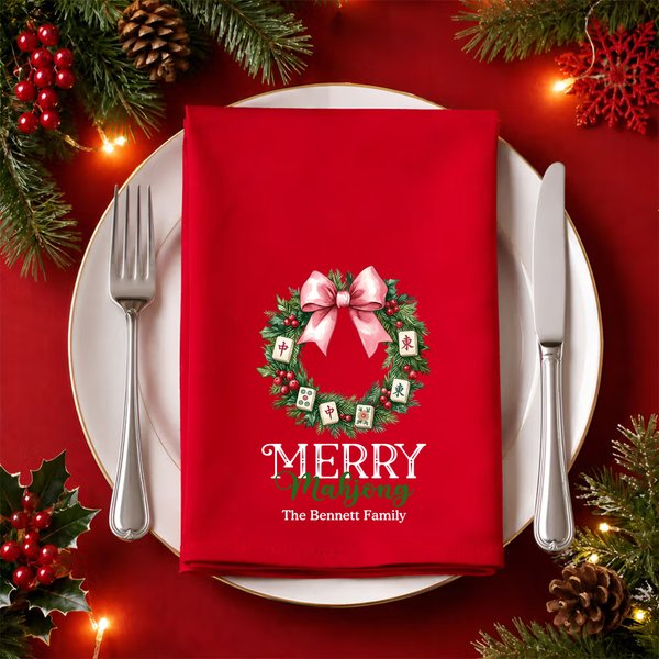 Personalized Christmas Mahjong Theme Reusable 100% Cotton Red Napkin with Text Table Decor Christmas Gift for Mahjong Lover