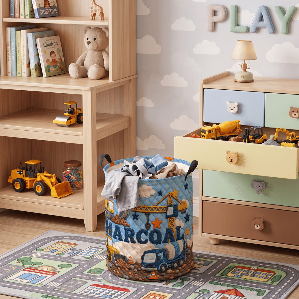 Cesto porta biancheria impermeabile personalizzato con motivo a veicoli da cantiere e effetto 3D, dotato di manico e nome; regalo per l'inaugurazione della casa o per il compleanno dei bambini 4