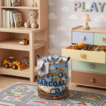 Cesto porta biancheria impermeabile personalizzato con motivo a veicoli da cantiere e effetto 3D, dotato di manico e nome; regalo per l'inaugurazione della casa o per il compleanno dei bambini 4