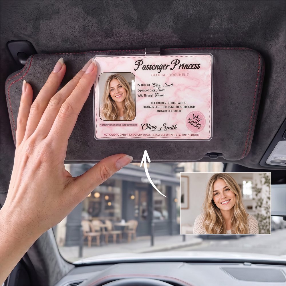 Personlig, söt prinsessklämma till solskyddet i bilen med foto och namn – bildekoration till bilen, present till födelsedag, alla hjärtans dag eller årsdag till flickvän eller fru 4