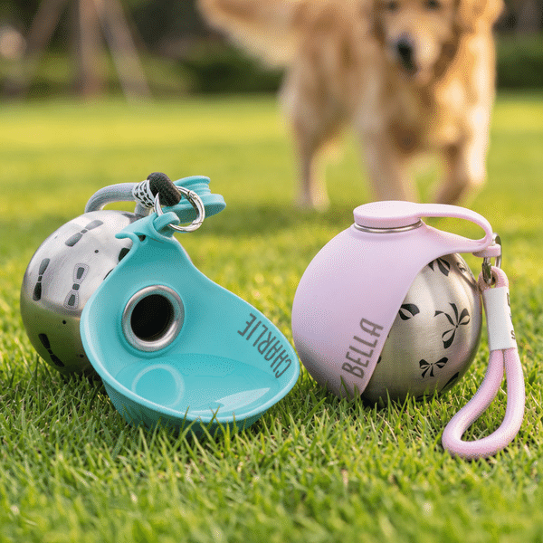 Personalised Bow Print Portable Pet Water Bottle with Name and Silicone Collapsible Bowl Pet Outdoor Supplies Birthday Gift for Pet Owners