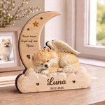 Personalisierter Holzaufsteller im Mondsichel-Design | mit Foto und Namen | 3D-Effekt Engelsflügel Deko | Trauer Geschenk für Tierliebhaber
