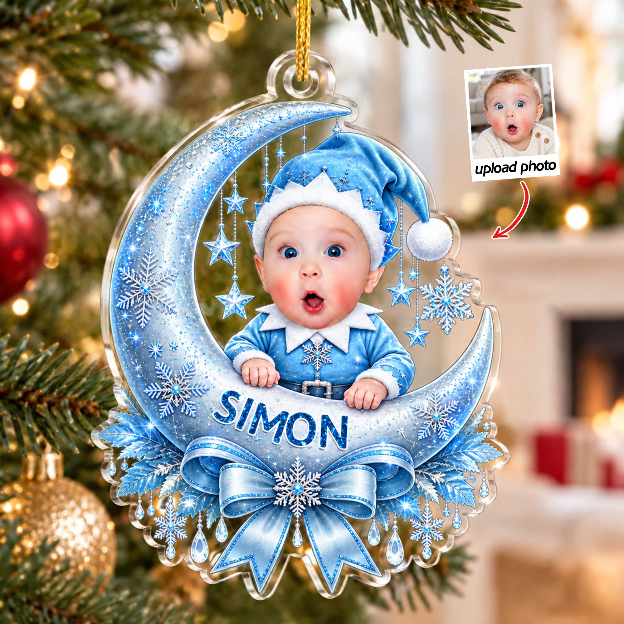 Personalized 3D-Effect Artwork Photo Blue Moon Snowflake Acrylic Christmas Ornament with Name Tree Decor Christmas Gift for Family Kids