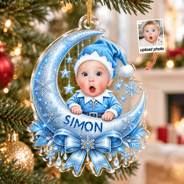 Personalised 3D-Effect Artwork Photo Blue Moon Snowflake Acrylic Christmas Ornament with Name Tree Decor Christmas Gift for Family Kids